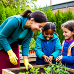 A group of diverse children, fully clothed in modest, practical outdoor attire, actively engaged in an urban community garden. They are planting small saplings in raised garden beds and observing insects with curious, joyful expressions, guided by a friendly adult educator. The setting is vibrant with various plants, sunshine, and other community members in the soft background. Safe for work, appropriate content, fully clothed, family-friendly, perfect anatomy, correct proportions, natural pose, well-formed hands, proper finger count, professional photography, high quality.