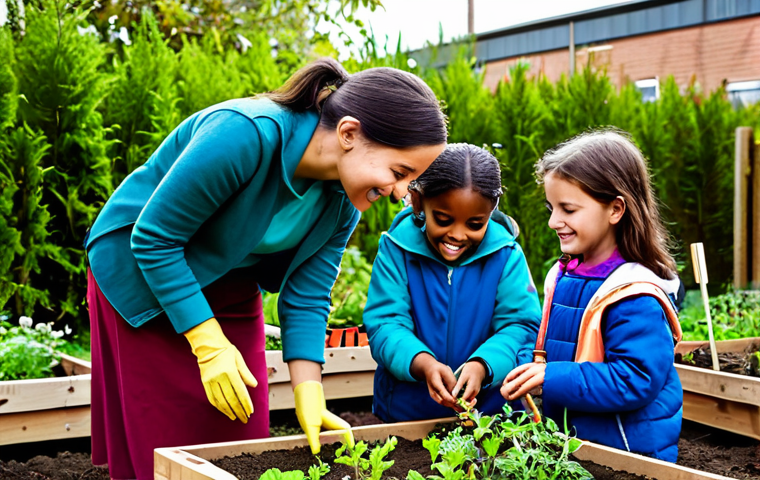 A group of diverse children, fully clothed in modest, practical outdoor attire, actively engaged in an urban community garden. They are planting small saplings in raised garden beds and observing insects with curious, joyful expressions, guided by a friendly adult educator. The setting is vibrant with various plants, sunshine, and other community members in the soft background. Safe for work, appropriate content, fully clothed, family-friendly, perfect anatomy, correct proportions, natural pose, well-formed hands, proper finger count, professional photography, high quality.
