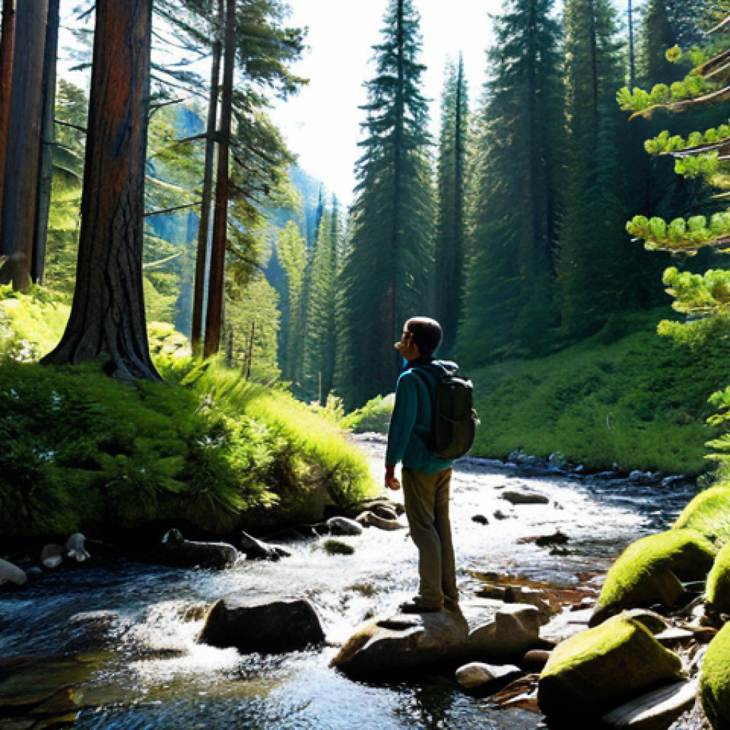 A person, fully clothed in modest, durable hiking attire, stands contemplatively in a sun-dappled mountain forest. Sunlight filters through tall pine trees, illuminating a crystal-clear stream winding through the verdant undergrowth. The scene conveys a deep sense of peace and connection with nature, captured with professional photography. Perfect anatomy, correct proportions, natural pose, well-formed hands, proper finger count. Safe for work, appropriate content, family-friendly.