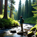 A person, fully clothed in modest, durable hiking attire, stands contemplatively in a sun-dappled mountain forest. Sunlight filters through tall pine trees, illuminating a crystal-clear stream winding through the verdant undergrowth. The scene conveys a deep sense of peace and connection with nature, captured with professional photography. Perfect anatomy, correct proportions, natural pose, well-formed hands, proper finger count. Safe for work, appropriate content, family-friendly.