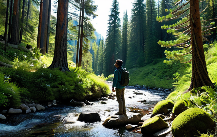 A person, fully clothed in modest, durable hiking attire, stands contemplatively in a sun-dappled mountain forest. Sunlight filters through tall pine trees, illuminating a crystal-clear stream winding through the verdant undergrowth. The scene conveys a deep sense of peace and connection with nature, captured with professional photography. Perfect anatomy, correct proportions, natural pose, well-formed hands, proper finger count. Safe for work, appropriate content, family-friendly.