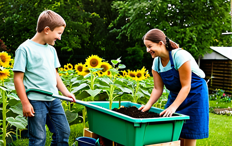 Family Gardening**

"A family, including young children, are tending a vibrant vegetable garden in their backyard, fully clothed in gardening attire, with sunflowers in the background. The scene exudes happiness and collaboration. The compost bin is visible. Safe for work, appropriate content, professional photography, modest clothing, perfect anatomy, natural proportions, family-friendly, high quality, environmental awareness."

**