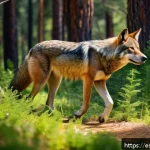 Home 19 어린이를 위한 생태적 감수성 퀴즈 - A vibrant natural scene in a Mediterranean forest of Spain featuring an Iberian wolf cautiously walk...