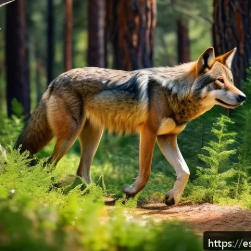 Home 31 어린이를 위한 생태적 감수성 퀴즈 - A vibrant natural scene in a Mediterranean forest of Spain featuring an Iberian wolf cautiously walk...