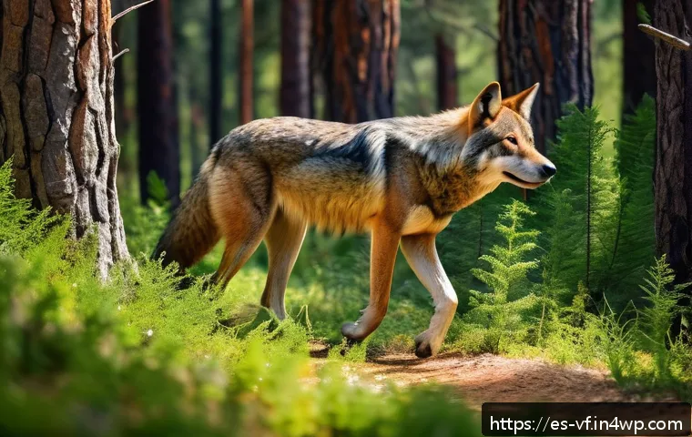 어린이를 위한 생태적 감수성 퀴즈 - A vibrant natural scene in a Mediterranean forest of Spain featuring an Iberian wolf cautiously walk...