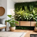 Home 18 생태적 감수성을 위한 실내 정원 가꾸기 - A cozy indoor corner featuring a variety of air-purifying plants including Sansevieria, Pothos, and ...