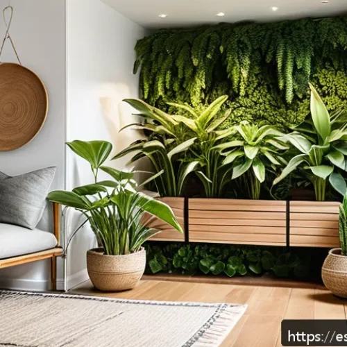 Home 30 생태적 감수성을 위한 실내 정원 가꾸기 - A cozy indoor corner featuring a variety of air-purifying plants including Sansevieria, Pothos, and ...