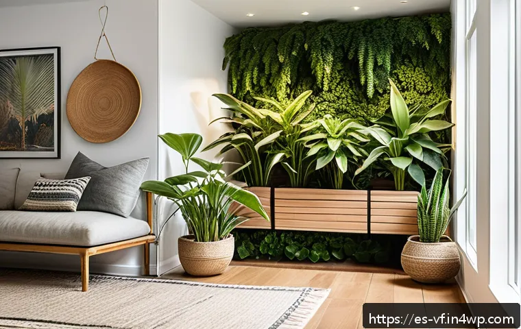 생태적 감수성을 위한 실내 정원 가꾸기 - A cozy indoor corner featuring a variety of air-purifying plants including Sansevieria, Pothos, and ...