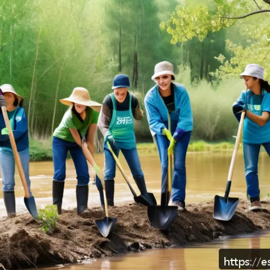 생태적 감수성을 위한 자원봉사 기회 - A diverse group of Spanish-speaking volunteers planting native trees along a riverbank in a sunny ru...