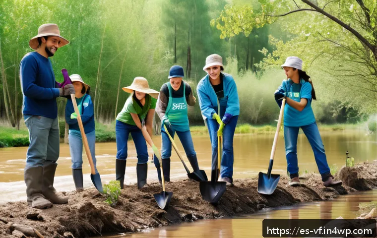 생태적 감수성을 위한 자원봉사 기회 - A diverse group of Spanish-speaking volunteers planting native trees along a riverbank in a sunny ru...