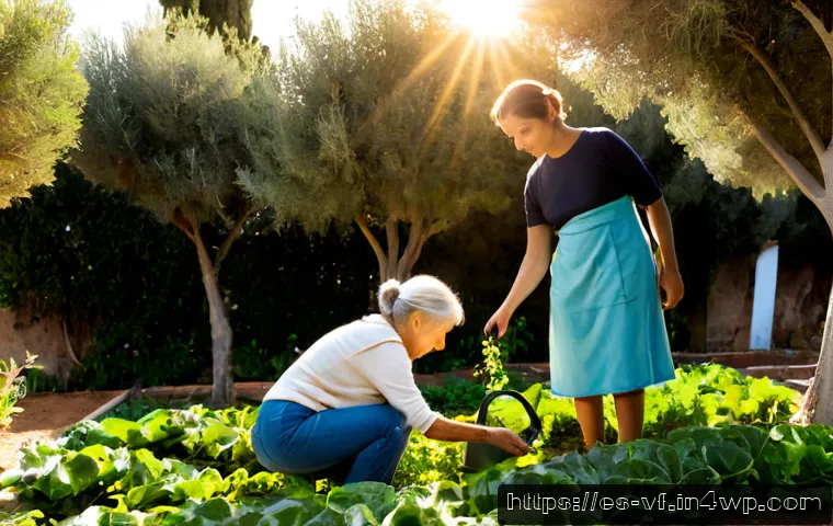 생태적 감수성을 기르는 인식의 변화 - Photorealistic sunrise scene in a Spanish Mediterranean community garden, an older woman and her tee...
